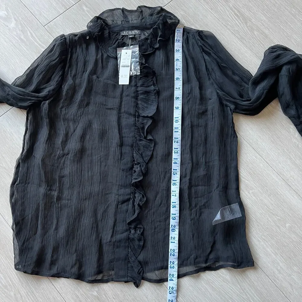 J Crew Ruffle Button Up Shirt In Crinkle Chiffon Womens Size 4 Sheer Black Flaws